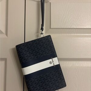 Michael Kors Navy and White Signature Stripe Wristlet